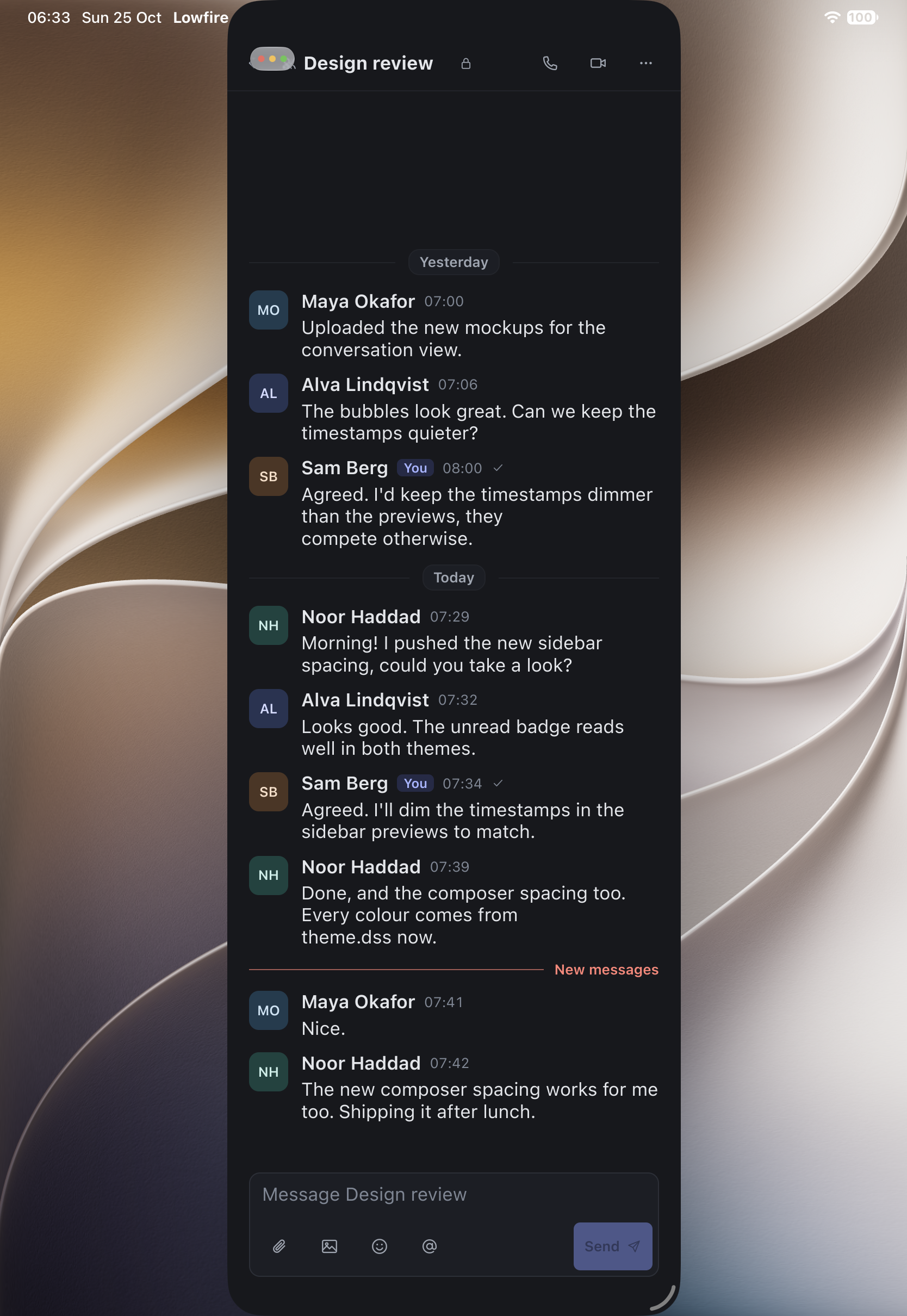 Lowfire on iPad, dark: a group conversation with the sidebar and the message composer.