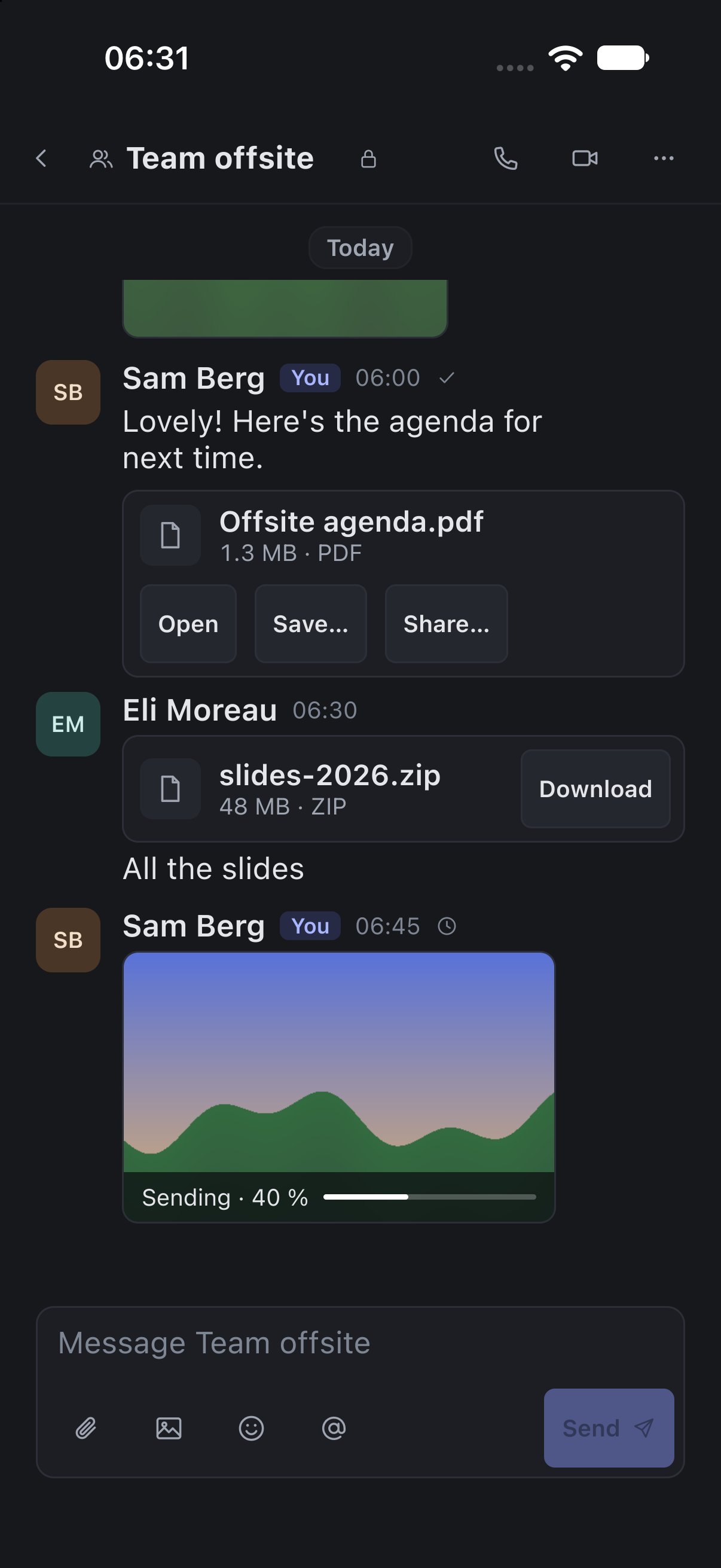 Lowfire on iPhone, dark: a conversation with picture previews, a PDF and a ZIP file.