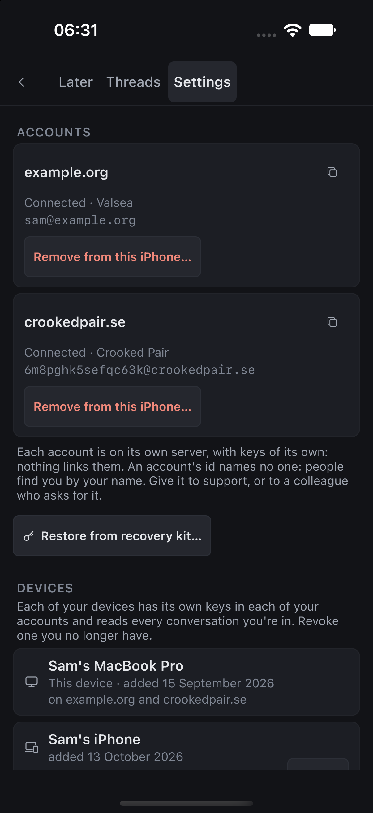 Lowfire on iPhone, dark: Settings with two accounts on different servers and their linked devices.