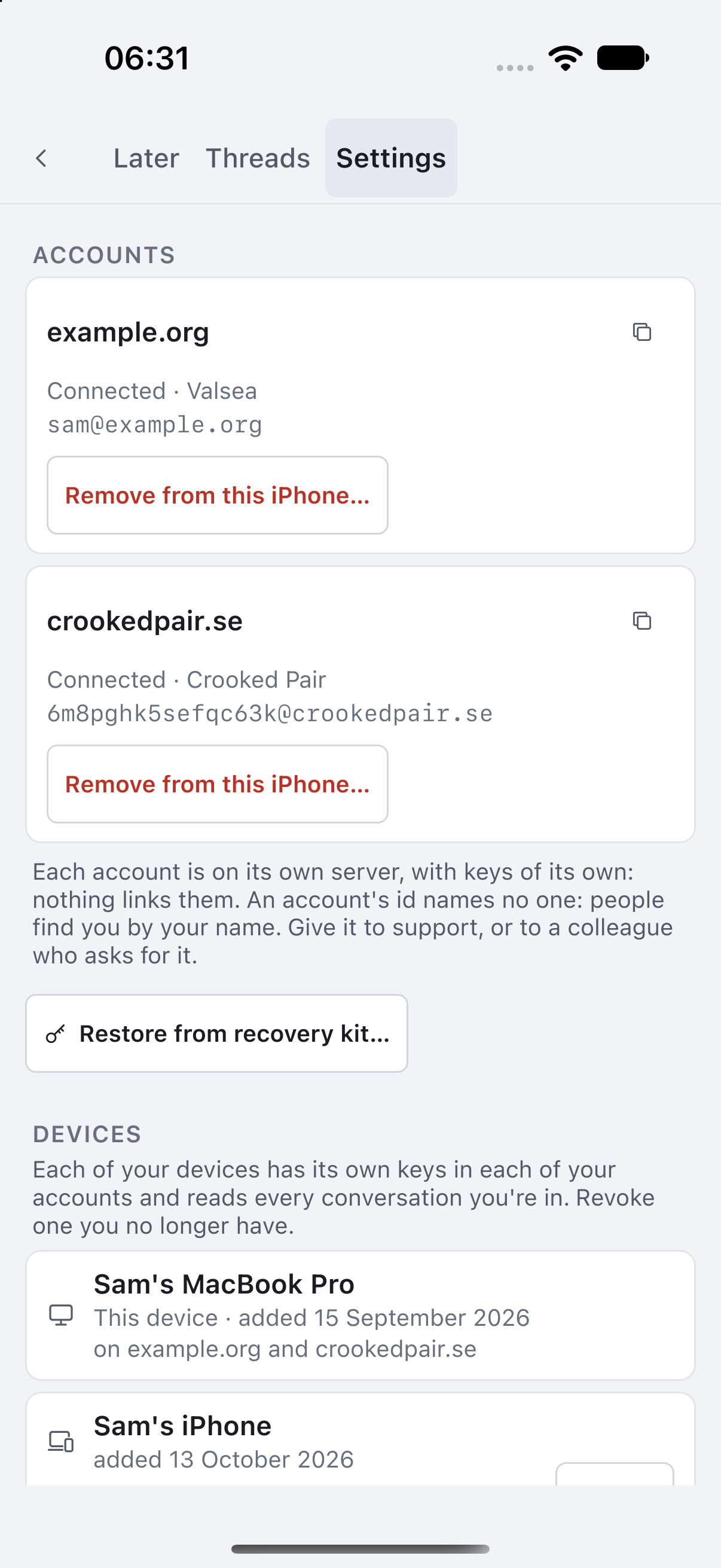 Lowfire on iPhone, light: Settings with two accounts on different servers and their linked devices.