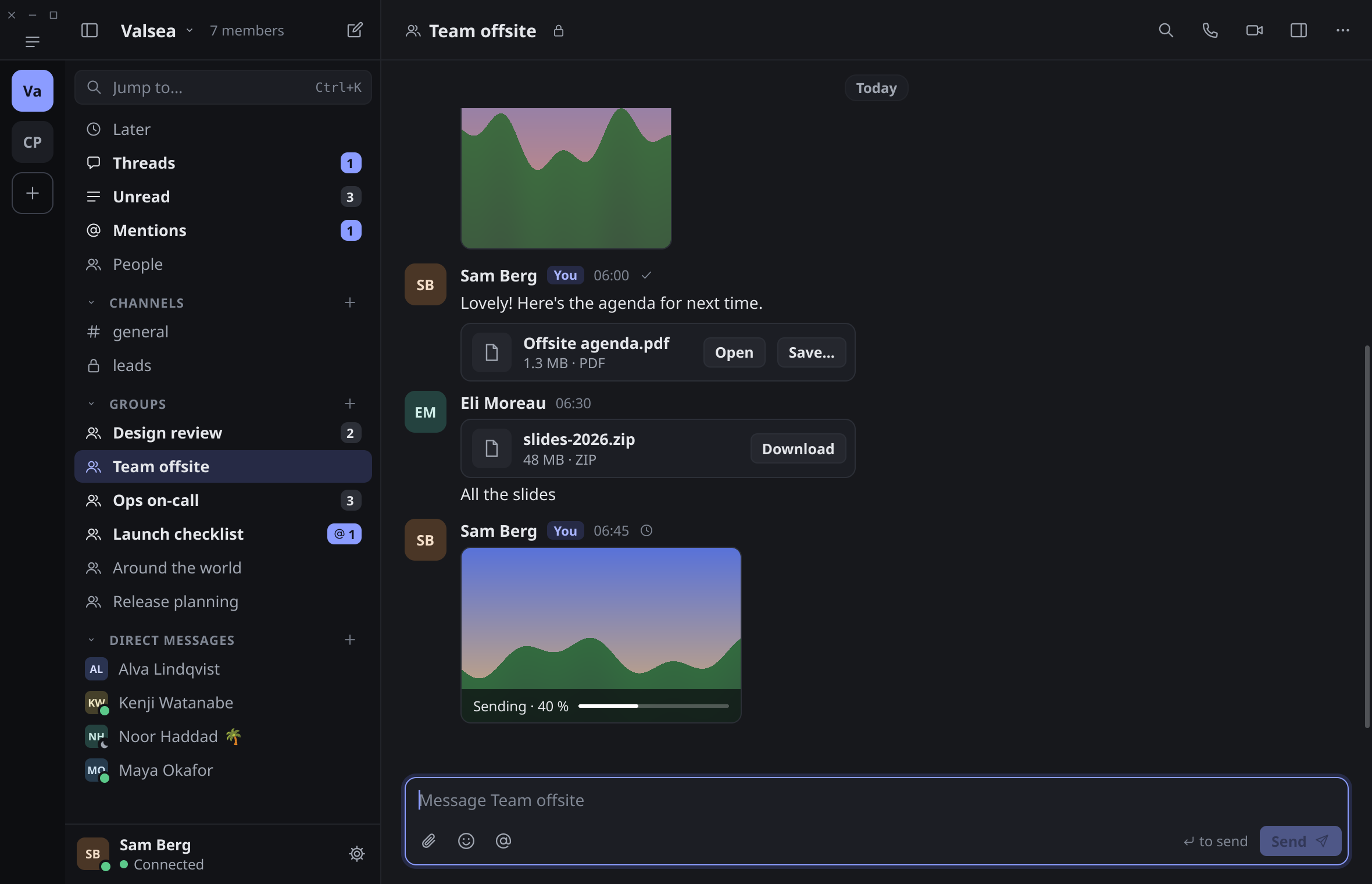 Lowfire on Linux, dark: a conversation with picture previews, a PDF and a ZIP file.
