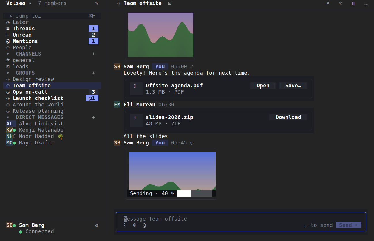 Lowfire in the terminal, dark: a conversation with picture previews, a PDF and a ZIP file.