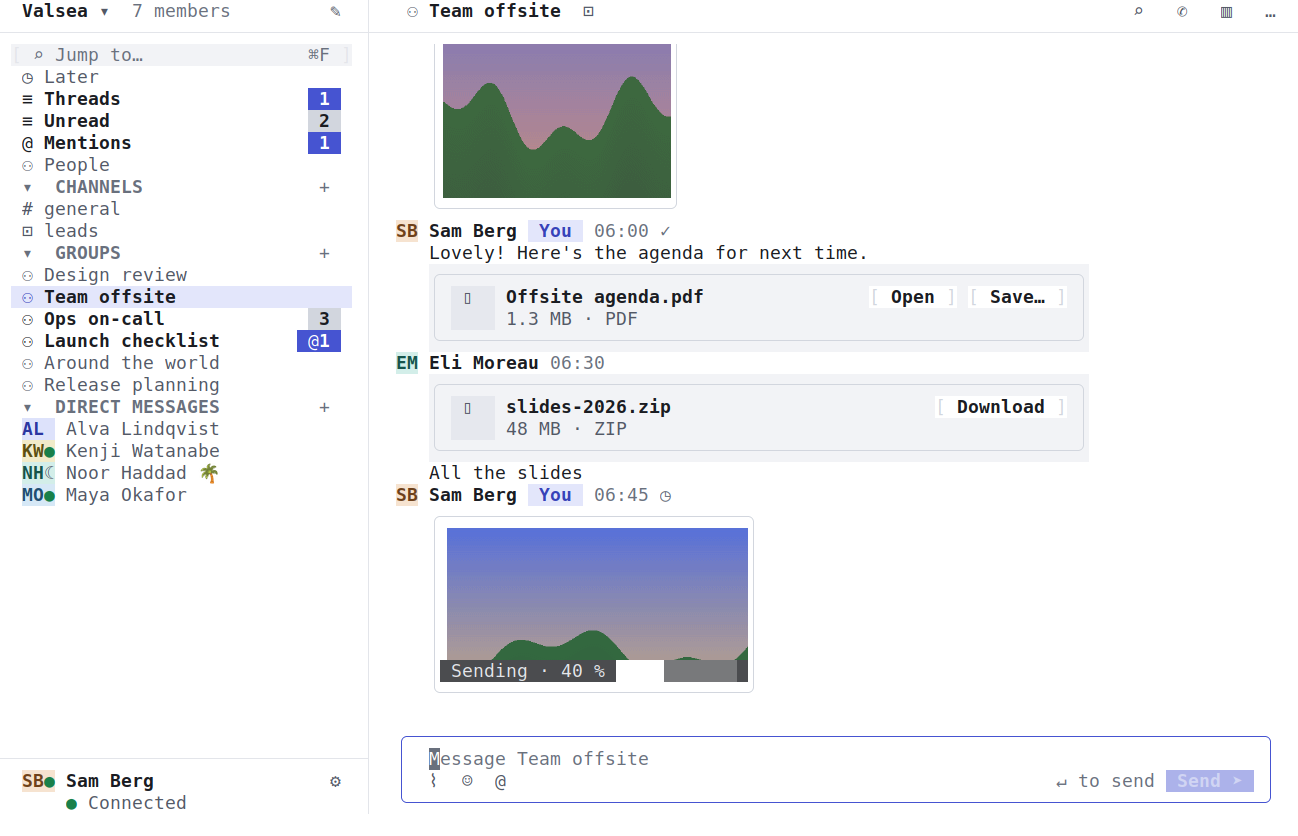 Lowfire in the terminal, light: a conversation with picture previews, a PDF and a ZIP file.