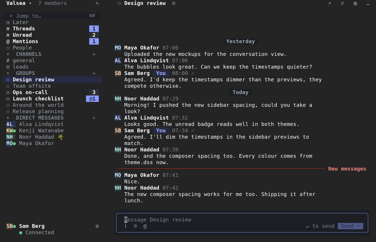 Lowfire in the terminal, dark: a group conversation with the sidebar and the message composer.