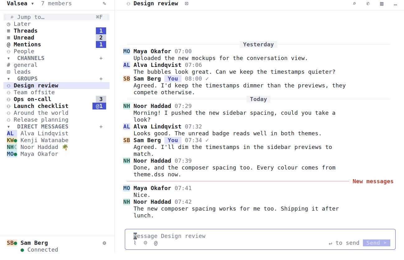 Lowfire in the terminal, light: a group conversation with the sidebar and the message composer.