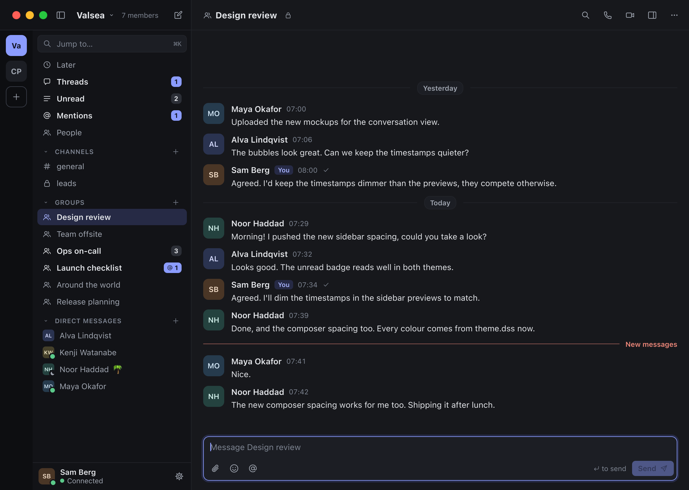 Lowfire on the Mac, dark: a group conversation with the sidebar and the message composer.